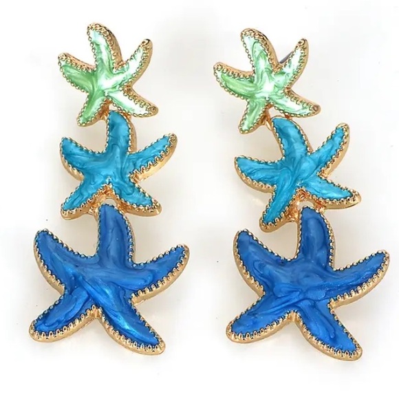 Jewelry - Blue & Green Swirly Enamel Starfish Gold Toned Stud Earrings